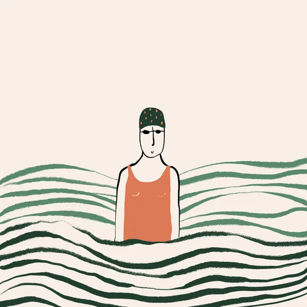 泳帽和护目镜中的女人站在波涛汹涌的大海中背对着米色背景的平面图案 — 图库照片
