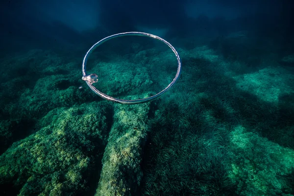Dari Atas Cincin Gelembung Yang Berputar Bawah Laut Dekat Terumbu — Stok Foto