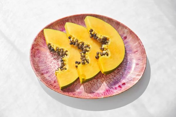 High Angle Portion Tasty Exotic Papaya Fruit Seeds Cut Pieces — Stock Photo, Image