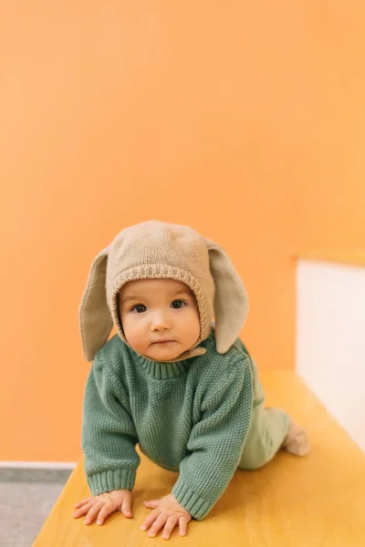 Full Body Adorable Cute Baby Warm Clothes Hat Bunny Ears — Stock Photo, Image
