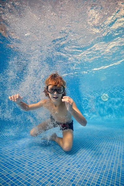 Full Body Barefoot Boy Mouth Opened Wearing Goggles Shorts Swimming — Stock Photo, Image
