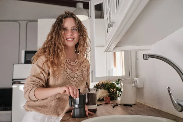 Attractive Young Woman Long Curly Hair Preparing Coffee Moka Pot — Stock Photo, Image