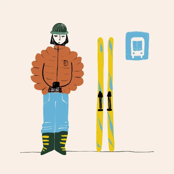 정류장에 노란색 스마트 메시징 따뜻한 아웃웨어와 모자에 여성의 일러스트 — 스톡 사진