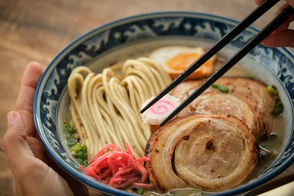 Crop Anonymous Person Chopsticks Eating Delicious Ramen Soup Needles Pork — Stock Photo, Image