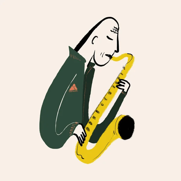 Иллюстрация Бокового Вида Музыканта Повседневной Одежде Играющего Саксофоне Бежевом Фоне — стоковое фото
