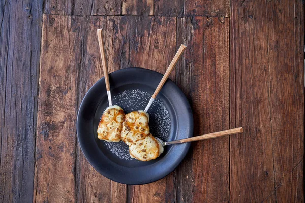 Appetizing Fried Mix Yogurt Rice Chopsticks Served Black Ceramic Plate — Stock Photo, Image