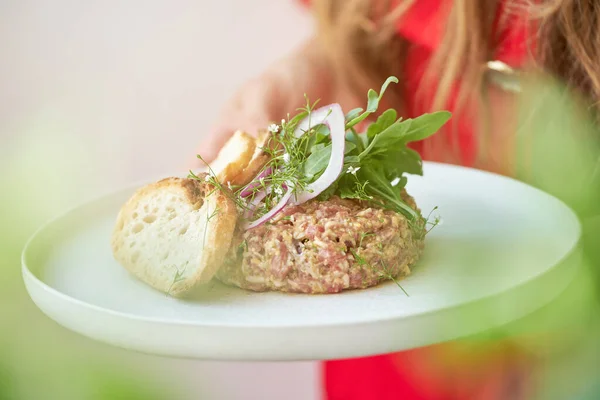 High Angle Crop Anonymous Female Holding Delicious Steak Tartar Green — Stock Photo, Image