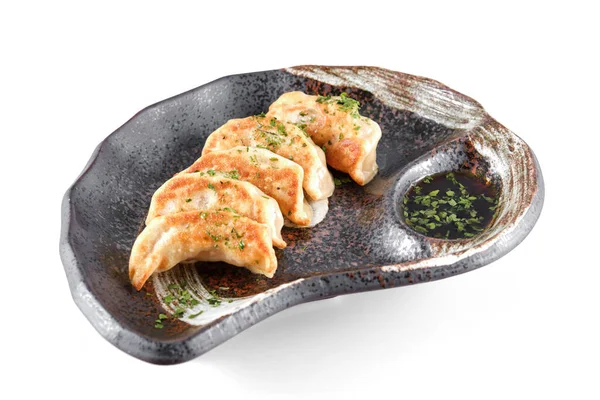 Vysoký Úhel Lahodné Restaurace Podávané Jídlo Čínskou Yaki Gyoza Knedlíky — Stock fotografie