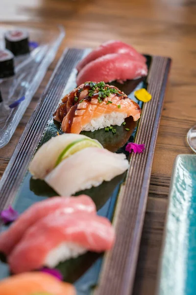 High Angle Plate Japanese Sushi Salmon Tuna Wooden Table — Stock Photo, Image