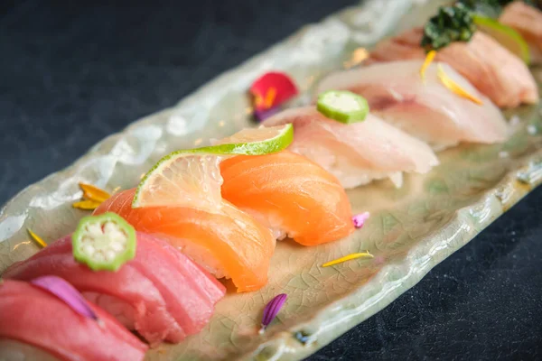 Elegant Sushi Pieces Presented Platter — Stock Photo, Image
