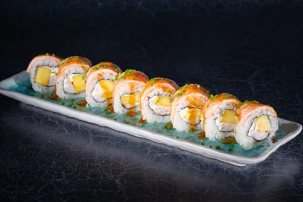 Delicious Uramaki Sushi Rolls Fresh Salmon Served Sauce Marble Tray — Stock Photo, Image