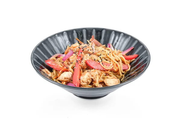 Stir Fry Noodles Red Bell Pepper Red Onion Chicken Served — Stock Photo, Image