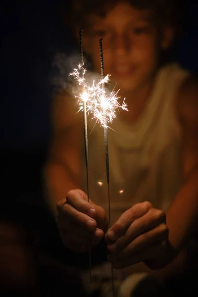 Blurred Preteen Boy Showing Burning Bengal Lights Camera Holiday Celebration — Stock Photo, Image