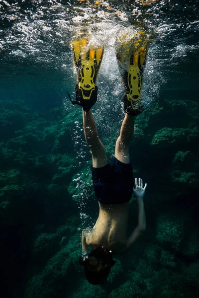 Back View Full Body Anonymous Male Diver Wetsuit Flippers Diving — Stock Photo, Image