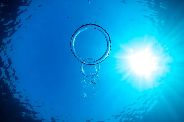 Van Onderaan Bubble Ringen Onder Transparant Blauw Water Van Kabbelende — Stockfoto