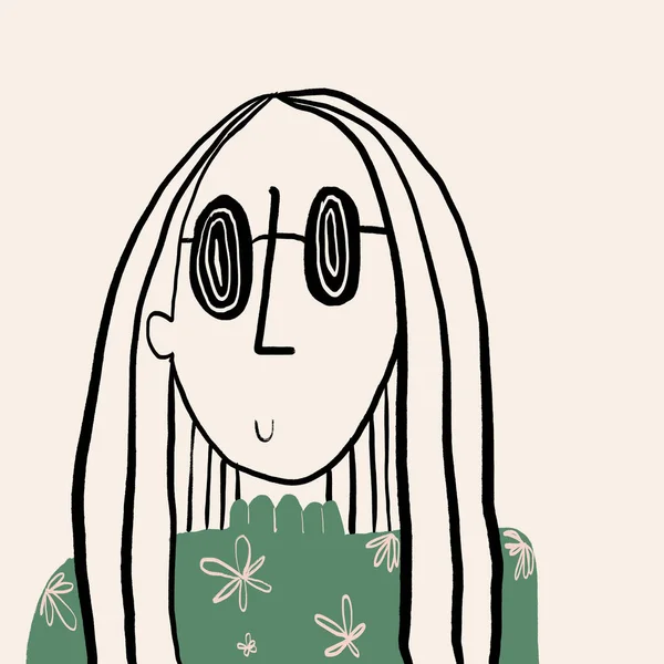 Einfache Illustration Einer Cartoon Frau Mit Langen Haaren Brille Und — Stockfoto