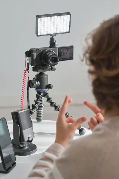 Crop Anonymous Kid Shooting Video Blog Professional Camera Microphone Tripod — Stock Photo, Image