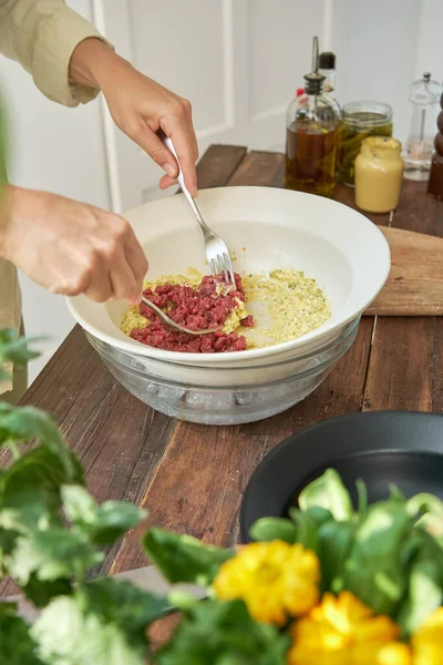 Anonymous Cook Mixing Raw Beef Mustard While Preparing Delicious Steak — Stock Photo, Image