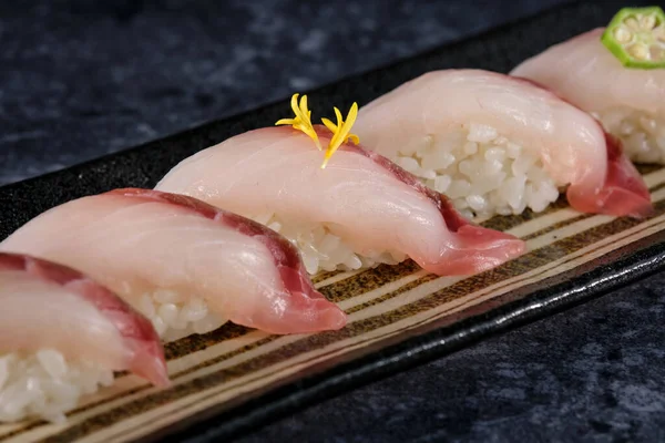 Close Delicious Nigiri Sushi Raw Fish Served Marble Tray Placed — Stock Photo, Image