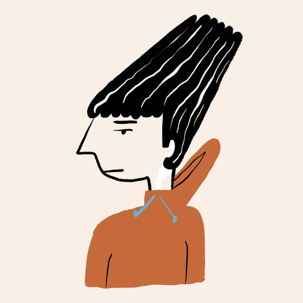 ベージュの背景から離れて飛んでいる髪を持つ茶色のフードの若い漫画の男の面白いイラスト — ストック写真