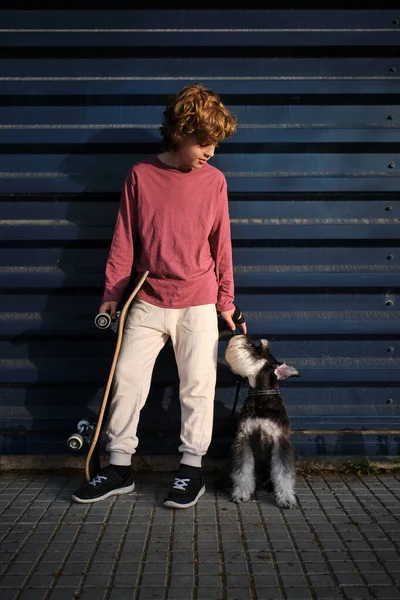 Junge Mit Skateboard Streichelt Gehorsamen Hund Während Sich Der Nähe — Stockfoto