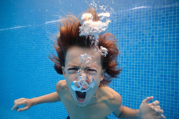Crazy Boy Screaming Mouth Opened While Swimming Blue Water Pool — Stock Photo, Image