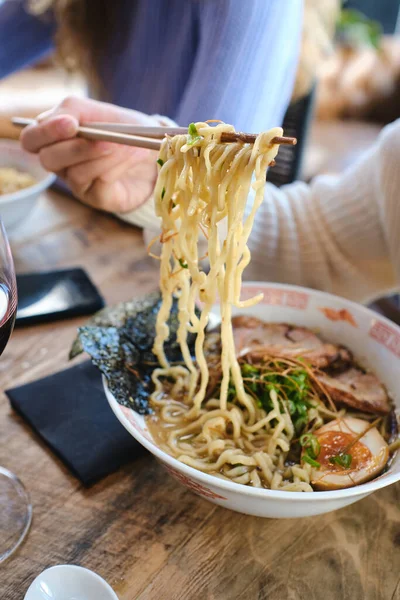 High Angle Crop Unrecognizable Person Chopsticks Taking Noodles Soup Ceramic — Stock Photo, Image