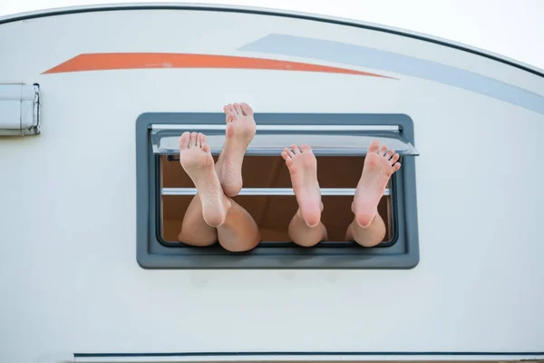 Barefoot Legs Parent Kid Dangling Window Road Trip Summer — Stock Photo, Image