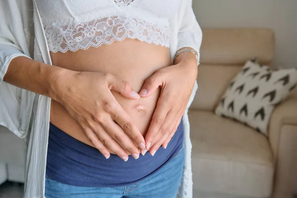 Unrecognizable Expecting Woman White Bra Jeans Touching Tummy Tenderness While — Stock Photo, Image