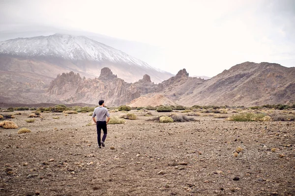 曇りの日に山岳地帯近くの乾燥した岩の地形を歩く認識できない男の観光客のバックビュー — ストック写真