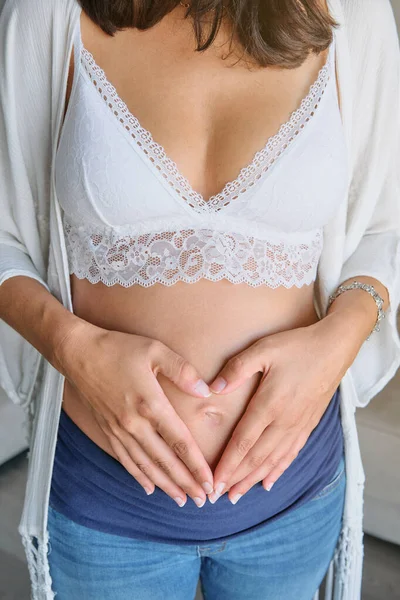 Unrecognizable Crop Expecting Female White Lace Bra Jeans Embracing Tummy — Stock Photo, Image