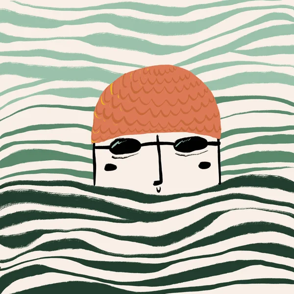 卡通人物戴着棕色帽子和护目镜在波涛汹涌的大海中游泳的图片 — 图库照片