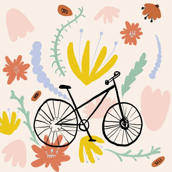 以米色为背景的黑色自行车在五颜六色的花草中的手绘风格图解 — 图库照片