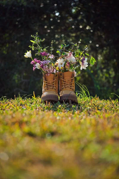 郊外の晴れた夏の日の間に木々の近くの芝生の芝生の上でカラフルな花を咲かせる茶色のブーツのペア — ストック写真