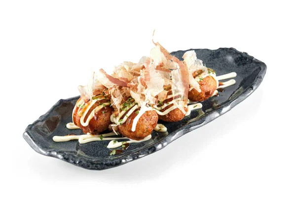 Talíř Japonskými Smažené Pšeničné Chobotnice Koule Takoyaki Završené Bonito Vločky — Stock fotografie