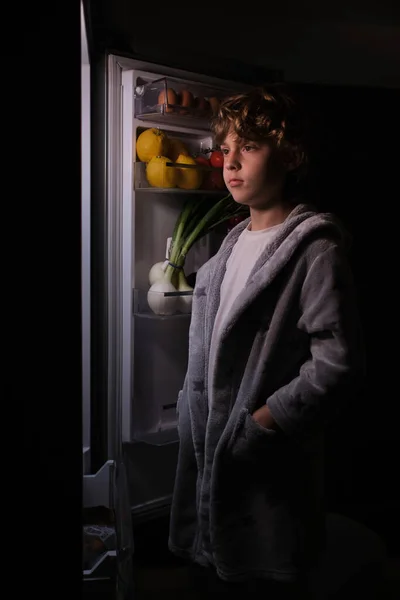 Hungry Boy Nightwear Standing Opened Refrigerator Various Fresh Products While — Stock Photo, Image