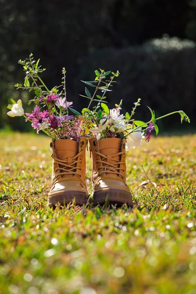 Pair Brown Footwear Bright Wildflowers Placed Grassy Lawn Rural Terrain — Stock Photo, Image