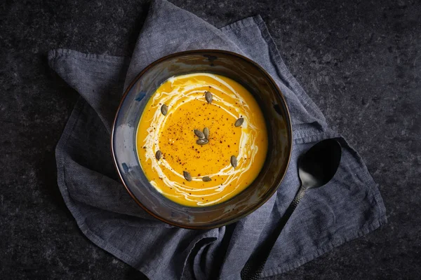 Delicious Autumn Cream Soup Made Pumpkins Served Napkin Spoon Black — Stock Photo, Image