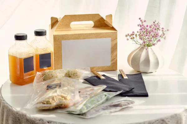 Composition Ramen Soup Ingredients Vacuum Bags Alongside Carton Box Bottles — Stock Photo, Image