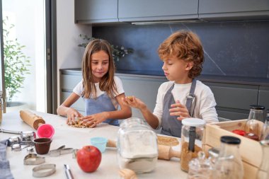 Önlüklü şirin çocuklar kurabiye yapmak için hamur toplarken bir yandan da apartmanın hafif mutfağında yemek malzemeleri hazırlıyorlar.