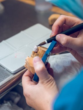 Laboratuvarda çalışırken takma dişlere beyaz seramik takarken fırça kullanan isimsiz kadın ortodontistin üstünden.