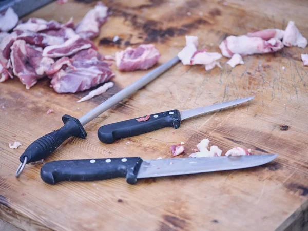 Set Sharp Equipment Butcher Consisting Knives Awl Placed Wooden Cutting — Stock Photo, Image