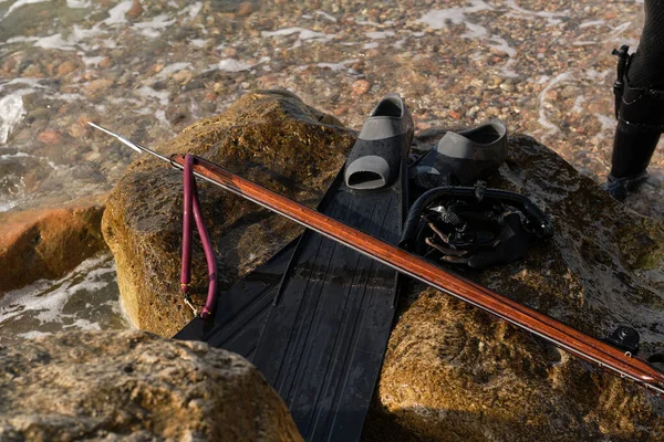 해변에 오리발 스노클링 장비를 낚시용 — 스톡 사진