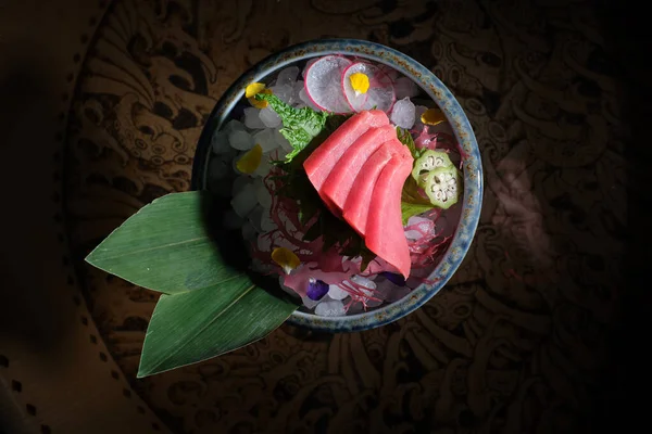 Top View Tasty Raw Tuna Sashimi Served Bowl Ice Cubes — Stock Photo, Image