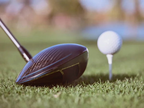 Closeup Black Golf Club White Golf Ball Little Stand Placed — Stock Photo, Image