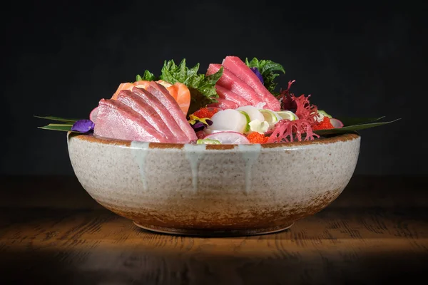 Appetizing Tuna Salmon Sashimi Scallops Served Bowl Banana Leaf Greens — Stock Photo, Image