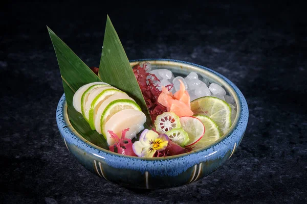 Fresh Tuna Sashimi Served Bowl Ice Cubes Green Banana Leaves — Stock Photo, Image