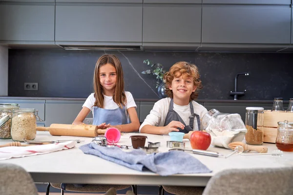 Cheerful Siblings Apron Looking Camera Table Assorted Products Equipment While — Stock Photo, Image