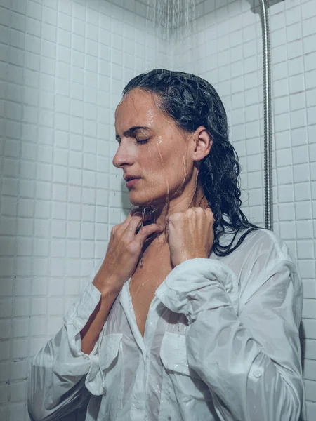 Thoughtful Serious Female White Shirt Wet Dark Hair Standing Closed — Stock Photo, Image