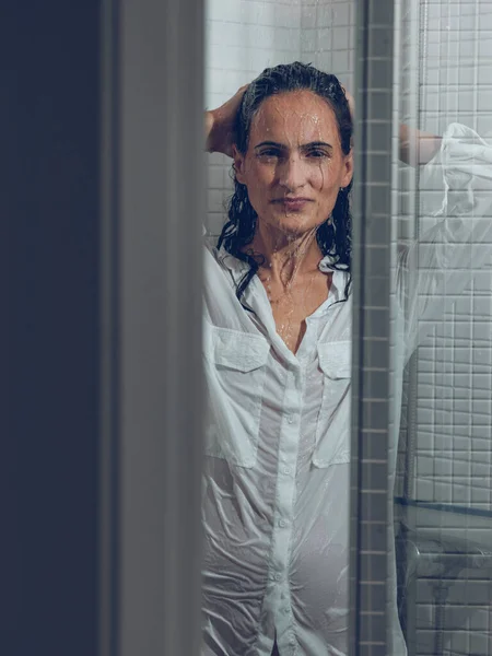 Glass Door Attractive Alluring Female White Wet Shirt Touching Head — Stock Photo, Image